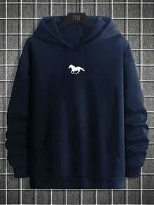 Men's Solid Color Horse Print Simple Sweatshirt - Navy Blue - View 4