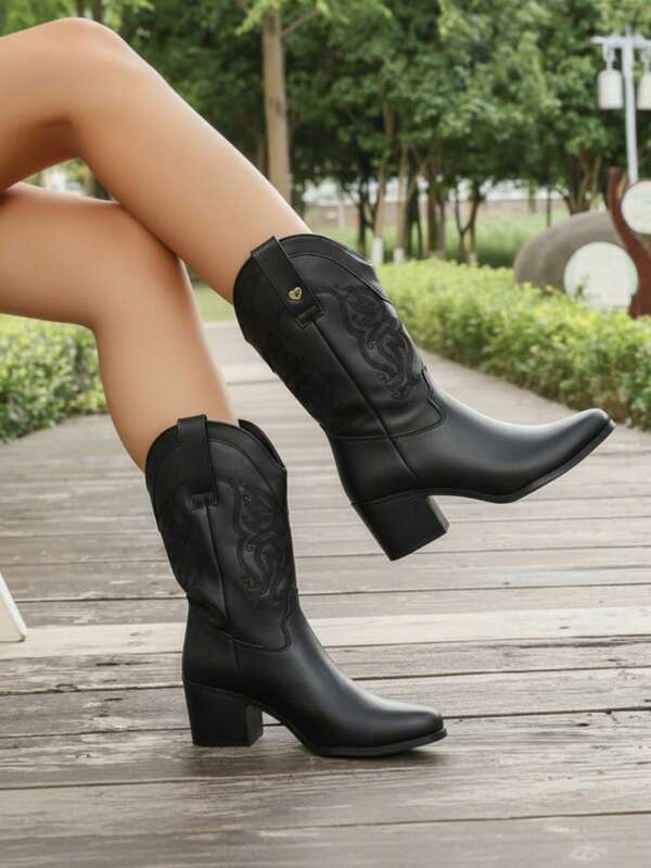 Botas para mujer bordado decorativo punta redonda sin cordones tacón grueso estilo western ocasión casual moda otoño invierno