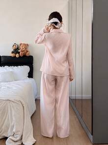 Dream Adore Women's Casual Striped Print Lapel Collar Pajama Set, Winter Clothes - Khaki - View 2