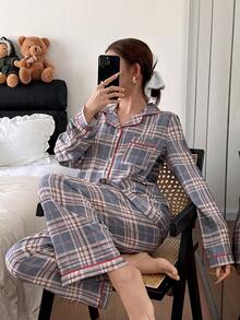 Snug Zone 格纹撞色滚边翻领上衣和裤子睡衣套装，冬季服装 - 彩色 - 查看 1