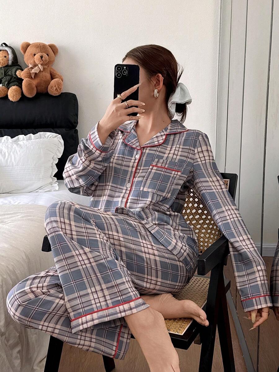 Snug Zone 格纹撞色滚边翻领上衣和裤子睡衣套装，冬季服装 - 彩色 - 查看 1