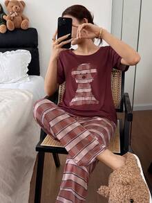 SHEIN 2pcs Cute Puppy Print Pajama Set, Short Sleeve Top And Long Pants Pajama Sets For Women Round Neck Summer Pijama Sets For Women Lounge Wear Women Set Sleep Wear Women Set Pajamas Set For Woman