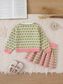 Bộ áo len cardigan dệt kim jacquard nhiều màu họa tiết thu đông cho bé gái - Hồng - Xem 2