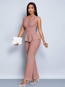 SOLERSUN 女款杏色优雅V领长袖T恤阔腿裤两件套不对称下摆两件套日常休闲女装春夏无袖短袖 - 淺粉色 - 查看 6