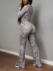 Slaydiva 2025 Autumn And Winter New Style Music Festival Holiday Western Style Nomadic Style Birthday Party Graduation Season Student Wear Daily Street Basic Versatile Casual Letter Print Zipper Neck Tight Long Sleeve Pull Sports Yoga Leopard Print Jacket And Leggings Women's Two-Pieces Set Back To School, Graduation - Multicolor - View 4