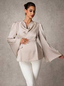 MaterniChic Maternity Clothes Maternity  Tops Spring And Summer Pregnant Clothes Apricot Maternity Blouse, Satin V-Neck, Long Sleeves, Elegant Party - Apricot - View 8