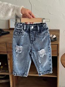 SHEIN Pantalones pitillo de mezclilla azul para niños pequeños - Azul lavado oscuro - Ver 9