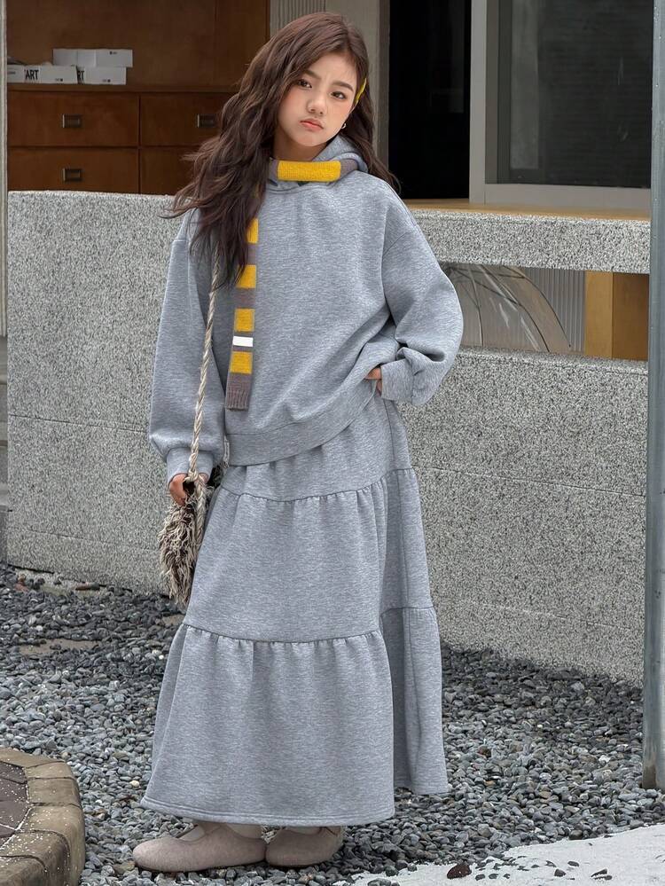 2pcs/Set Tween Girls Hooded Knit Fleece Sweatshirt And Skirt Outfit, Fall