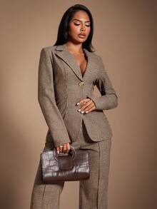 Radiana Bộ vest len họa tiết răng sói màu nâu thanh lịch cổ điển dành cho nữ, áo khoác blazer đính cúc hoa vàng + quần ống loe ôm 2 mảnh, trang phục công sở trang trọng, phù hợp để đi làm, đi làm, đi tiệc, mặc hàng ngày, vừa vặn - màu nâu - Xem 4