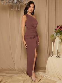 SHEIN Belle Vestido ajustado con hombros oblicuos, drapeado y abertura, vestido de dama de honor de unicolor - Café integral - Ver 6