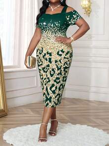 SHEIN Lady Đầm bodycon tay ngắn hở vai cỡ lớn thanh lịch cho nữ, trang phục đi biển, đầm trang trọng cho nữ - Màu xanh lá cây đậm - Xem 3