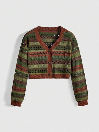 Hippie Cardigan casual a maglia con spalle scoperte, maniche lunghe, monopetto e lavorazione traforata per donna