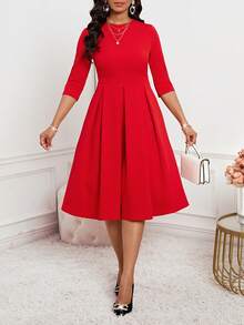 SHEIN Lady Valentine's Day Casual  Plus Size Solid Color Round Neck Raglan Sleeve Waist Tie Pocket Pleated Dress Valentine's Day Outfit Red Elegant Dress Women Half Sleeve Dress Red Wedding Guest Dress Solid Color Dress - Red - View 3