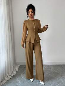 Selianne Women's Solid Color Round Neck Long Sleeve Single-Breasted Shirt And Pants Elegant 2 Pieces Set - Mustard Yellow - View 5