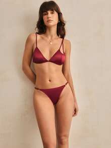 Charlaine Bộ đồ lót nữ 2 chiếc cài trước nâng ngực không dây cúp tam giác bất đối xứng cắt xẻ bất đối xứng satin màu đỏ tía gợi cảm lãng mạn thoải mái thanh lịch thường ngày - Màu Đỏ Sâu - Xem 2