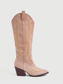 Daringsoles Women's New Embroidered Retro Chunky Heel Anti-Slip Western Boots, Autumn/Winter Patchwork Tall Knight Boots High Heel Pointed Toe Mid-Calf Boots