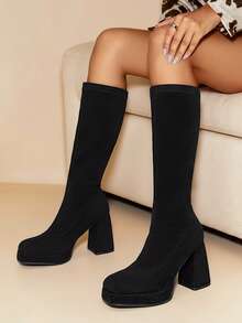 Daringsoles Casual Fashion Midcalf Stretch Suede High Heel Boots