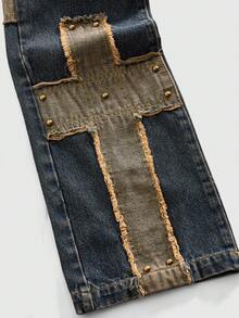 ROMWE MEN Grunge Punk Men's KPOP Punk Bell-Bottom Distressed Blue Jeans - Blue - View 11