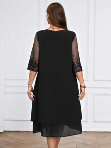 Miaspire 加大码蕾丝拼布圆领简约休闲优雅连衣裙女夏装朴素连衣裙婚礼宾客礼服女式蕾丝雪纺 - 黑色 - 查看 2