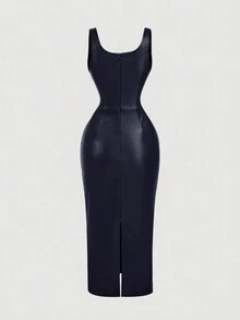 SHEIN MOD 大码PU皮棕色女式连衣裙，鸡尾酒会礼服，生日礼服，冬季连衣裙，秋季连衣裙，优雅派对礼服，正式礼服，晚礼服，时尚婚礼礼服 - 藏蓝色 - 查看 2