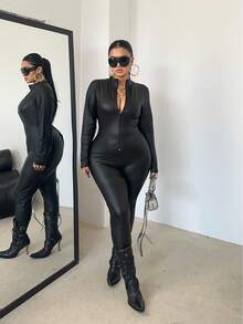 POPSWAY Plus Size Sexy Long Sleeve Tight Coated Leather Jumpsuit
