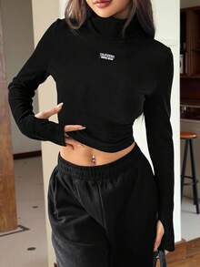 SHEIN EZwear 針織女士修身長袖t恤,印有字母圖案 - 黑色 - 查看 5