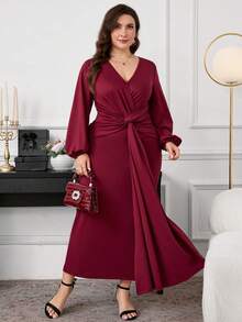 SHEIN Clasi Plus Size Women Long Sleeve Dress, Elegant Twist Knit Stretchy Dress For Autumn/Winter New Year Outfit - Burgundy - View 6