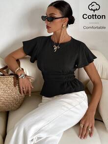 Siren Gaze Women's Solid Color Short Sleeve Shirt, Fashionable For Summer Black Casual - Black - View 1