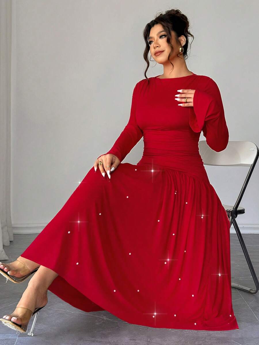 SHEIN Elenzya Elenzga 女士加大码优雅修身喇叭袖网纱拼接串珠连衣裙，秋冬款 - 紅色 - 查看 1