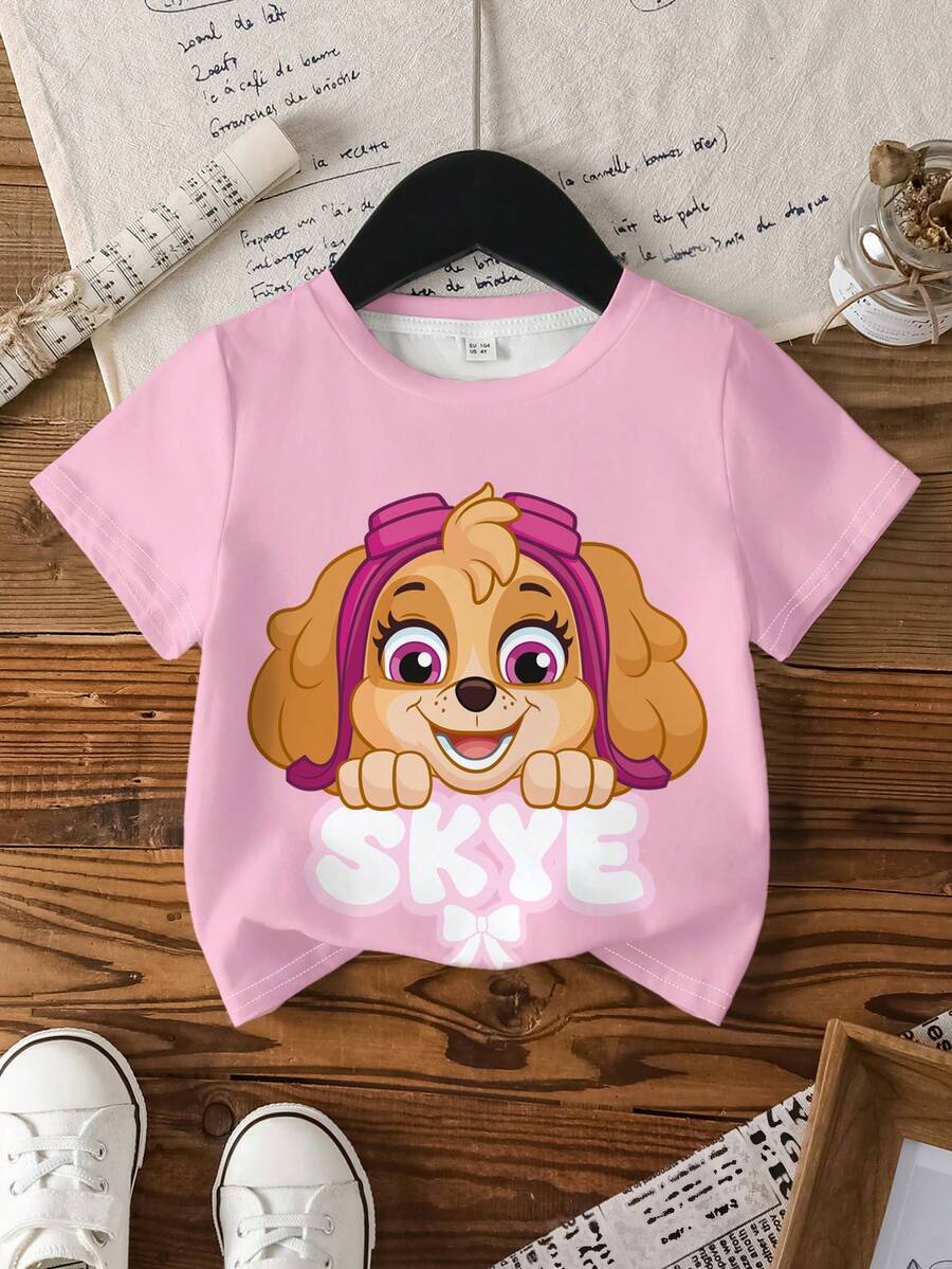 SHEIN | PAW Patrol Young Girl Cute Puppy Print Round Neck Short Sleeve T-Shirt, Summer - White - View 1