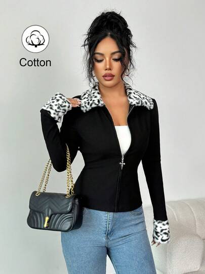 Islaluna Women's Fashionable Leopard Print Lapel Patchwork Fur Zipper Commuter Versatile Color-Blocked European And American Style Hot Girl Knitted Cardigan