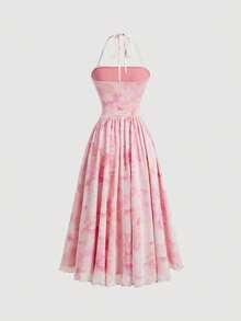 SHEIN MOD Pink Elastic Mesh Tie Dye Printed Front Pleated Summer Women Dress,Valentine Outfits - Pink - View 2