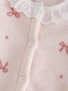 两件套女婴抓绒睡衣套装，可爱蝴蝶结领荷叶边甜美公主风儿童冬季开衫和裤子家居服