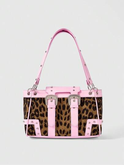 Grunge Punk Y2K Fashion Leopard Print Patchwork Shoulder Bag For Ladies