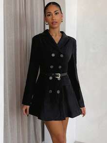 SHEIN Glamour Chaqueta elegante de mujer de doble botonadura en color negro, adecuada para ir al trabajo, atuendos de otoño/invierno, uso al aire libre, casual de negocios, abrigo de invierno - Negro - Ver 6