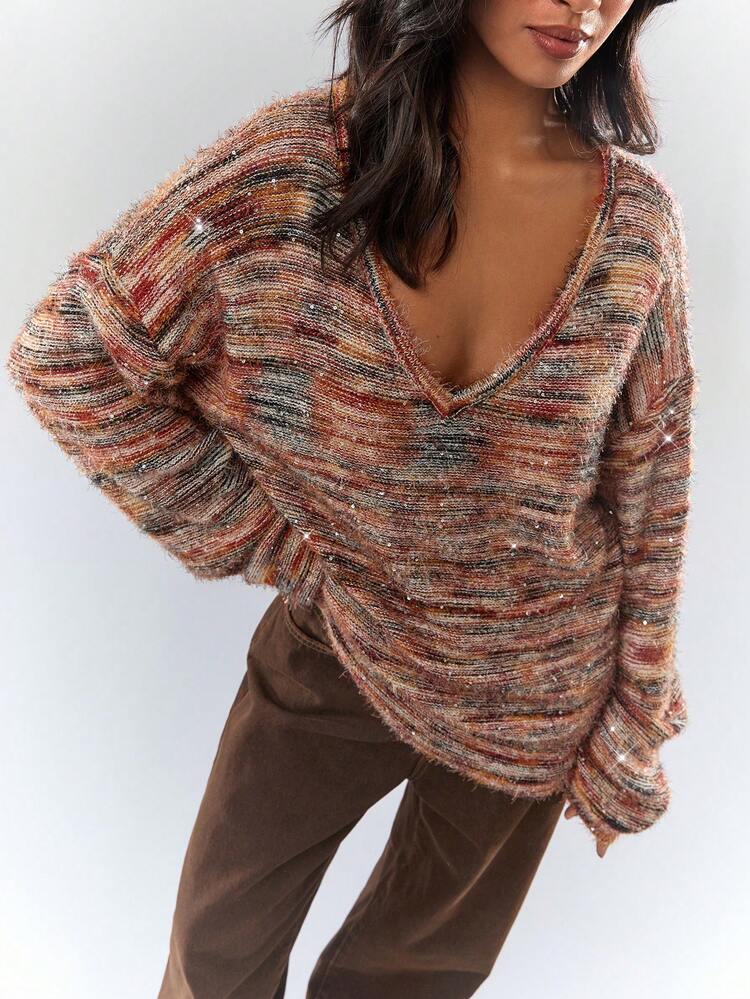 Glamine Autumn/Winter Fashion Ombre Sequin Decor Drop Shoulder Loose Knit Sweater - Brown - View 7