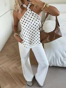SHEIN EZwear Women's Halter Neck Tie Polka Dot Fashionable Versatile Blouse - White - View 6