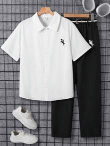 SHEIN 2pcs/Set Teen Boys Black & White Short Sleeve Shirt With Contrast Logo Print, Collared Shirt And Pants Gentleman Outfit, Suitable For School, Commute, Casual, Sports, Spring/Summer - Black and White - View 6