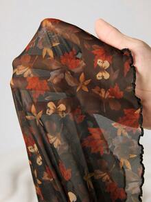 SHEIN EZwear قميص تي شيرت طويل الأكمام ذو أكمام واسعة مع عقدة أمامية، طباعة زهور صغيرة، قماش مطاطي شبكي، مناسب للكاجوال والمواعدة والتنقل والحفلات، مقاسات كبيرة - متعدد الألوان - مشاهدة 6