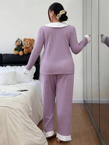 Dream Adore Plus Size Simple Contrast Color Collar Embroidered Knit Pajama Set - Mauve Purple - View 2