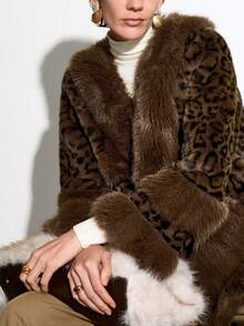 Aalyst 女士优雅休闲奢华豹纹常规版型人造毛皮外套，适合万圣节、圣诞节、新年、感恩节、冬季穿着 - 咖啡棕 - 查看 7
