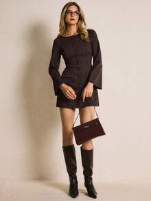 Poéselle Váy ngắn kẻ sọc cài nút phía trước thời trang thu đông dành cho nữ - Cà phê nâu - Xem 2