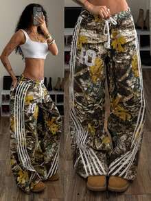 StreetHx 女士时尚休闲树叶印花侧条纹牛仔裤 - 彩色 - 查看 1