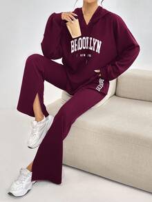 Mulvari 2pcs Women Casual Letter Print Drawstring Hooded Sweatshirt And Pants Set, Autumn 2 Pieces Set - Red Violet - View 5