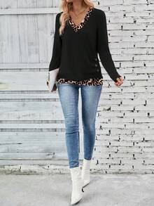 SHEIN PETITE Women's Leopard Print Patchwork V-Neck Long Sleeve Button Design Casual T-Shirt ,Petite Women - Multicolor - View 3