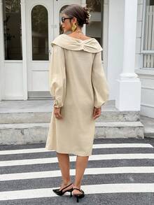 Siren Gaze 女士优雅通勤扭结灯笼袖中长连衣裙 - 卡其色 - 查看 2