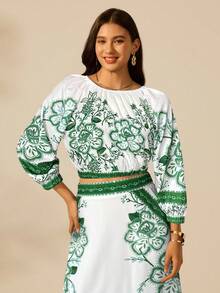 CAJUNI 女士度假休闲热带花卉印花长灯笼袖黑色圆领短款衬衫，女士长袖衬衫，女士度假装 - 綠色 - 查看 1