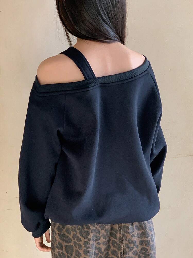 DAZY 少女纯色不对称领长袖休闲抓绒卫衣 - 藏蓝色 - 查看 4