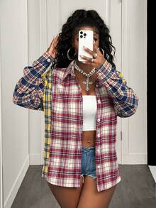 BamGleam Camisa casual de mujer a cuadros con bloques de color, otoño