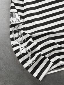 ROMWE MEN Street Life 男士字母和数字印花条纹 Polo 领长袖 T 恤 - 黑色 - 查看 4